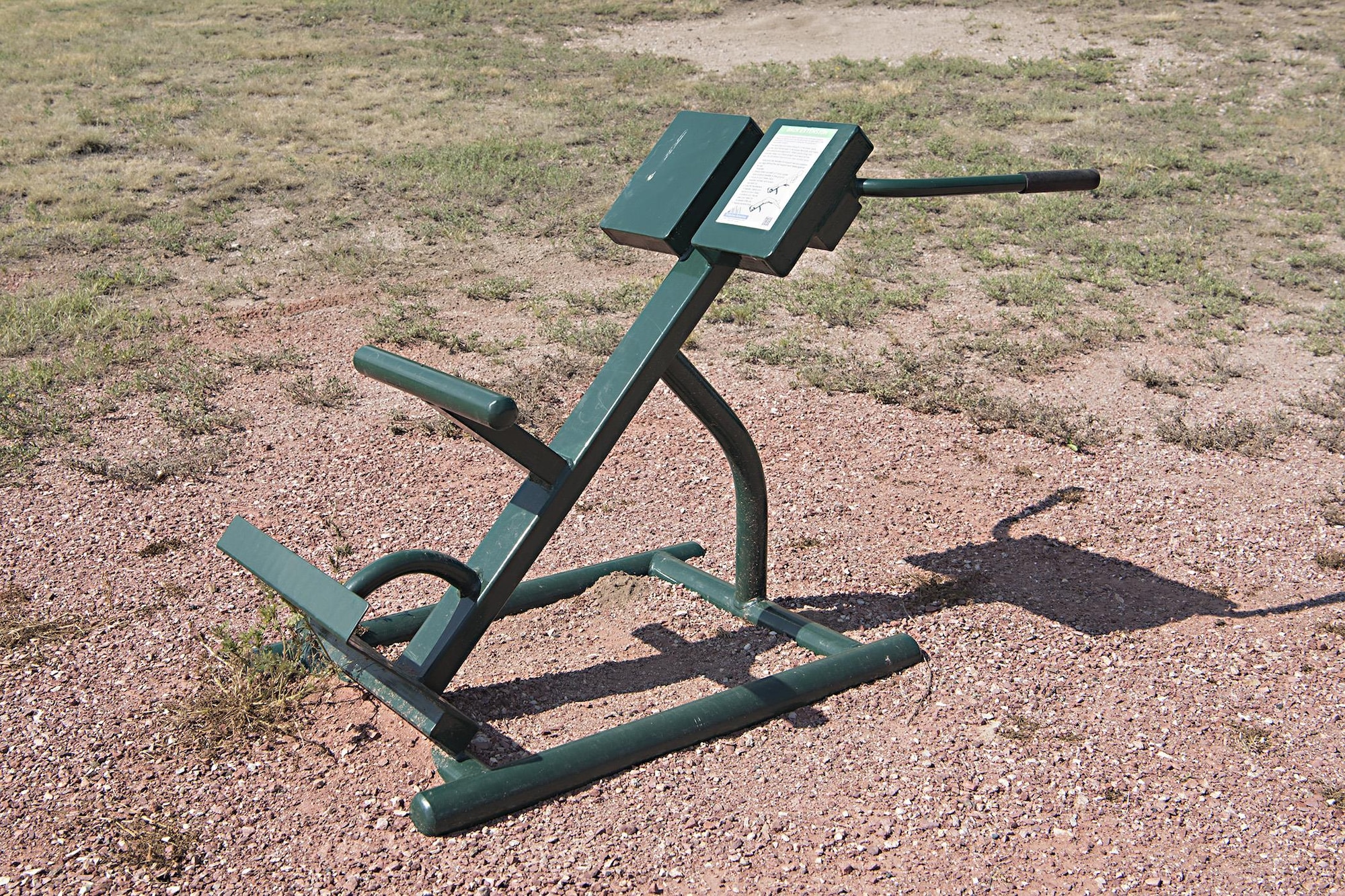 PETERSON AIR FORCE BASE, Colo. -- A roman chair, on the Half Mile Loop Trail at Capt. David Lyon Memorial Park, Peterson Air Force Base, Colo., June 29, 2017, can work the lower back, glutes and core. Park hours are from dawn to dusk.  (U.S. Air Force Photo by Steve Kotecki)