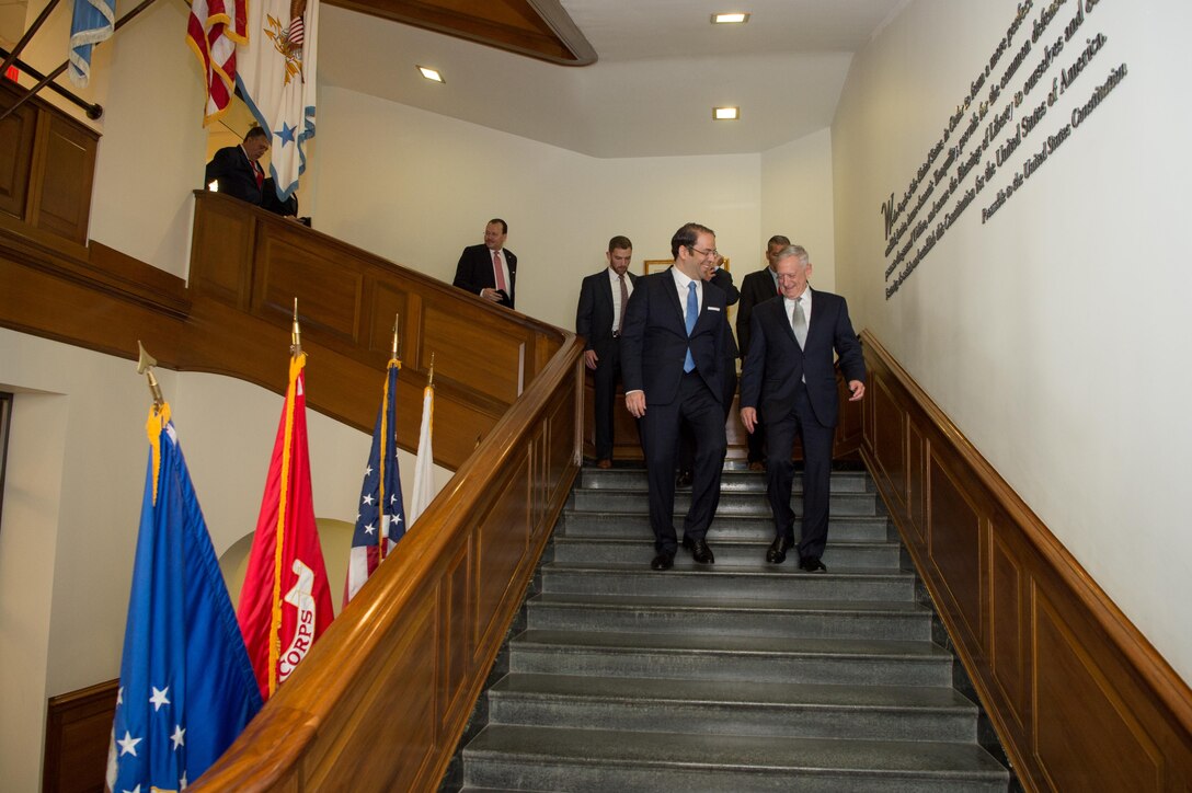 Defense Secretary Jim Mattis walks with the Tunisian Prime Minister Youssef Chahed following a meeting at the Pentagon, July 10, 2017. DoD photo by Army Sgt. Amber I. Smith