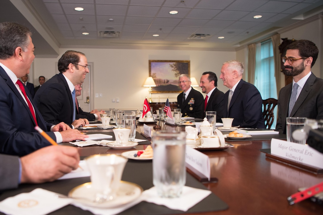 Defense Secretary Jim Mattis speaks with Tunisian Prime Minster Youssef Chahed during a meeting at the Pentagon in Washington, D.C., July 10, 2017. DoD photo by Army Sgt. Amber I. Smith