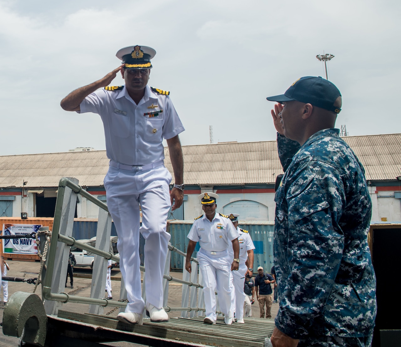 Members of the Indian navy come aboard the guided missile cruiser USS Princeton after the ship arrived in Chennai, India, July 9, 2017. The Princeton will participate in Malabar 2017, the latest in a continuing series of exercises between the U.S., Indian and Japanese navies that has grown in scope and complexity over the years to address the variety of shared threats to maritime security in the Indo-Asia Pacific. Navy photo by Seaman Kelsey J. Hockenberger