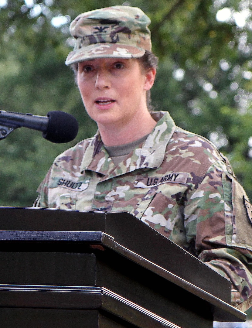 Col. Dustin Shultz, outgoing commander of the 505th Military Intelligence Brigade (Theater) at Joint Base San Antonio-Fort Sam Houston, speaks to those gathered for the brigade's change of command ceremony July 7. Shultz was the brigade’s first commander and turned over command to Col. William Sears.