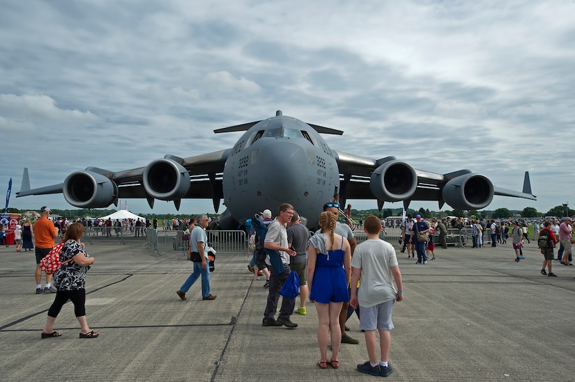 A Charleston C-17 Globemaster III towered over spectators and other aircraft at the Yeovilton International Air Day at Royal Naval Air Station, U.K. Citizen Airmen from the 701st Airlift Squadron set the bar high by flying the first C-17 low-level pass through the “Mach Loop” and captured another win for their static display at the the air show Friday and Saturday. (U.S. Air Force Photo \ Tech. Sgt. Bobby Pilch)