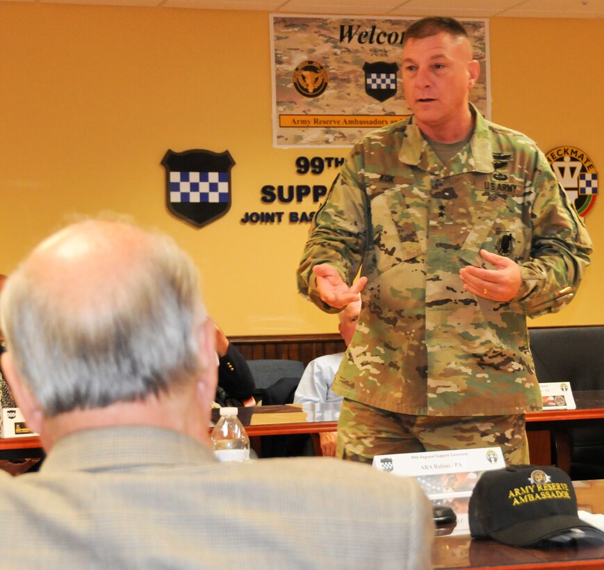 Maj. Gen. Troy D. Kok, commanding general of the Army Reserve’s 99th Regional Support Command, speaks with two-dozen Army Reserve ambassadors during the 2017 Army Reserve Ambassador Seminar July 6-9 at the Maj. John P. Pryor Army Reserve Center on Joint Base McGuire-Dix-Lakehurst, New Jersey. Army Reserve ambassadors enhance Soldier and unit readiness by developing awareness and advocacy with community leaders and serving as bridges to communities across the nation.