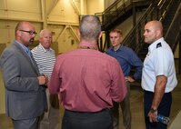 (From left) Brian Bush, CEO and president of the Altus Chamber of Commerce, Dr. Joe Leverett, chairman of the Altus Military Affairs Committee, Ted Detwiler, site manager of the Altus Air Force Base U.S. Air Force KC-46 training unit, U.S. Sen. James Lankford (R-Okla.) and U.S. Air Force Col. Eric Carney, 97th Air Mobility Wing commander, discuss the training and arrival preparations for the KC-46 Pegasus, July 6, 2017 at Altus Air Force, Oklahoma. The KC-46 is scheduled to arrive at Altus AFB spring/summer of 2018. (U.S. Air Force photo by Senior Airman Kirby Turbak/Released)