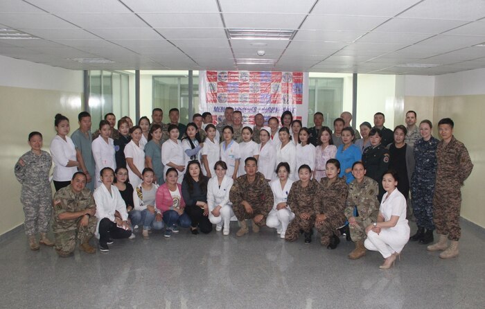 Members of the U.S. and Mongolian armed forces pose for a picture June 9, 2017 at the Mongolia Military Medical Center in Ulaanbaatar, Mongolia, during a Nursing and Medical Logistics Subject Matter Exchange between the two nations. 