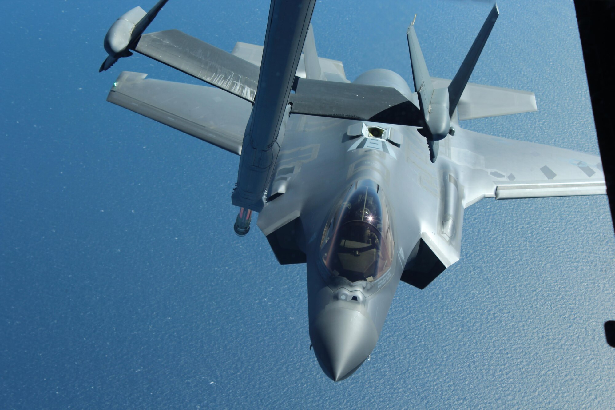 Preparing to refuel an F-35.  The boom operators made a total of 20 contacts during nine aerial refuelings.