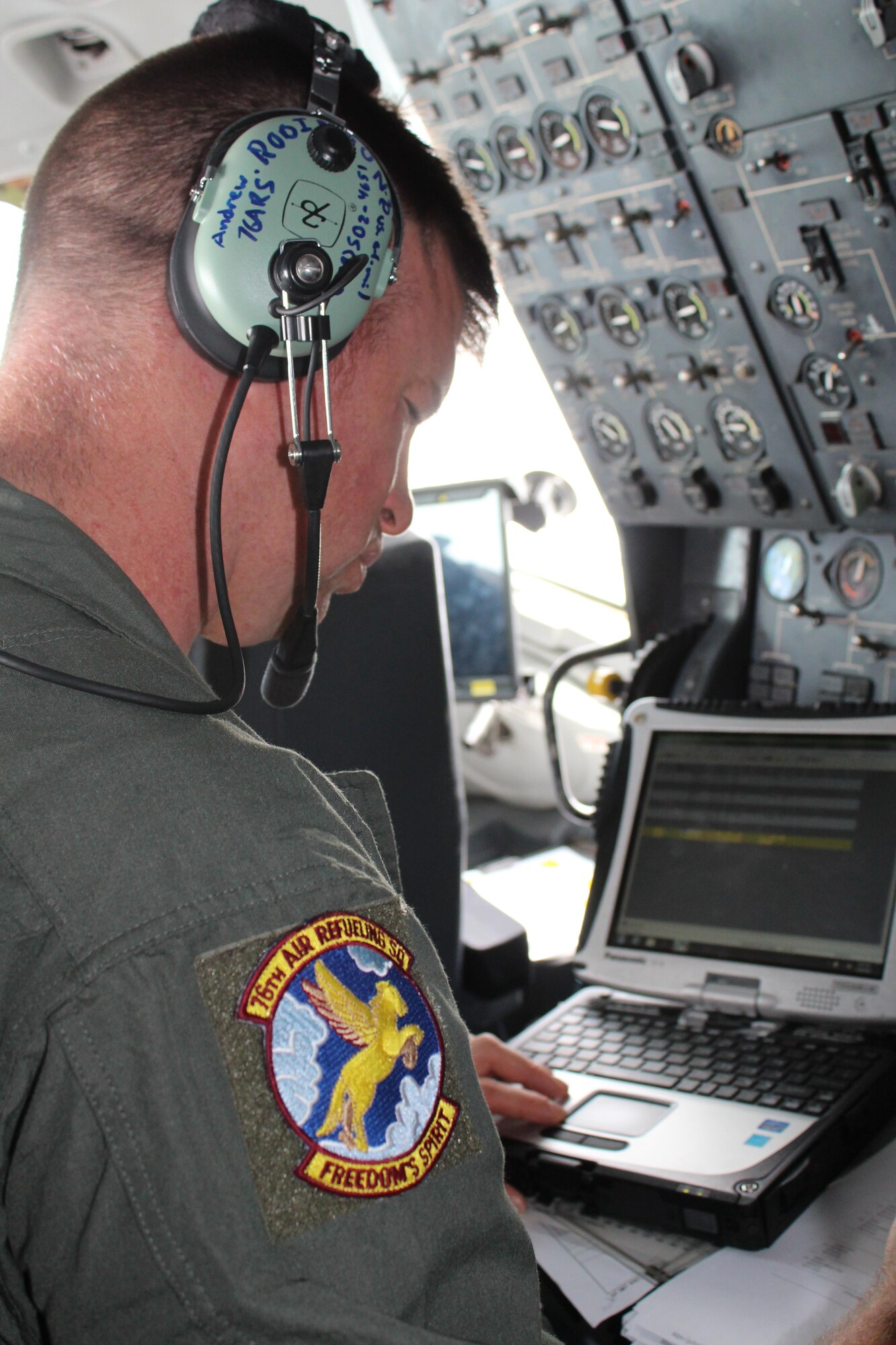 Staff Sergeant Andy Robinson, 76th Air Refueling Squadron flight engineer, prepares for the long day ahead. 