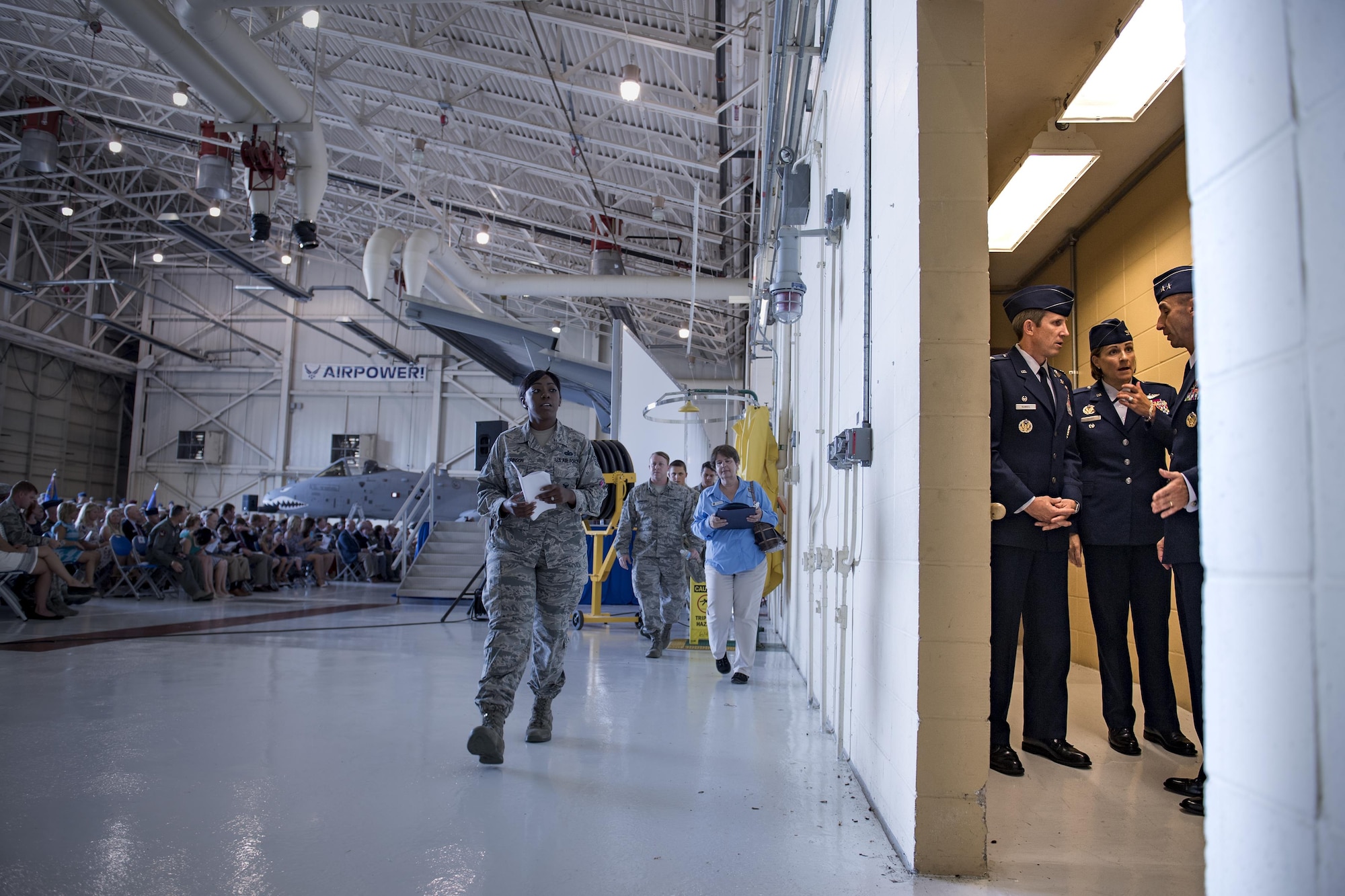 U.S. Air Force Maj. Gen. Scott J. Zobrist, 9th Air Force commander; Col. Jennifer Short, 23d Wing commander; and Col. Thomas Kunkel, outgoing 23d Wing commander, prepare for a change of command ceremony, July 10, 2017, at Moody Air Force Base, Ga. The change of command ceremony is a part of military history signifying the hand-off of responsibility of a unit from one commander to another. (U.S. Air Force photo by Staff Sgt. Ryan Callaghan)