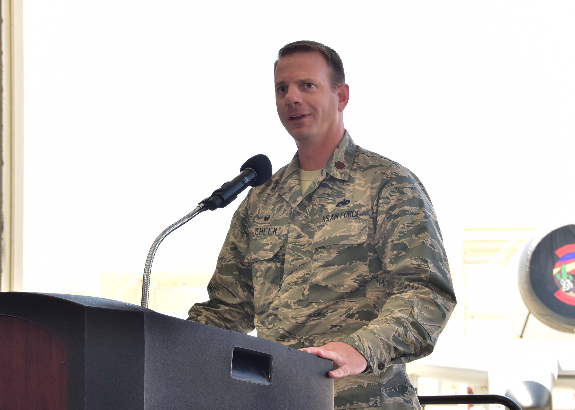 Maj. Bobby Cheek, 924th Maintenance Squadron commander, gives a speech July 9 after taking command during a change of command ceremony at Davis-Monthan Air Force Base, Ariz. (U.S. Air Force Photo by Tech. Sgt. Louis Vega Jr.)