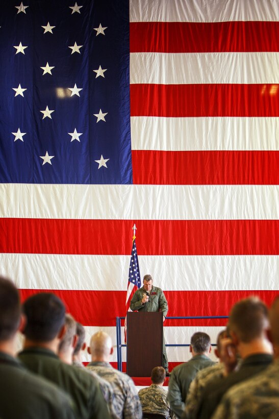 David Sundlov, the new 301st operations group commander, addresses audience during an assumption of command ceremony July 8, 2017 at Naval Air Station Fort Worth Joint Reserve Base, Texas. Sundlov stated he was excited to be here [301st Fighter Wing] and looked forward to accomplishing the group's mission of high-level, combat-readiness training, immediate mobilization, F-16C+ employment and worldwide deployment while maintaining constant vigilance at home and abroad. (U.S. Air Force photo by Lt. Col. Jeremy Boyd)


