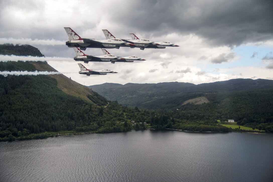 Members of the Thunderbirds, the Air Force’s air demonstration squadron, fly over Loch Ness in Scotland, July 10, 2017. The squadron flew over several bases and landmarks while preparing for the 2017 Royal International Air Tattoo in England. Air Force photo by Tech. Sgt. Christopher Boitz