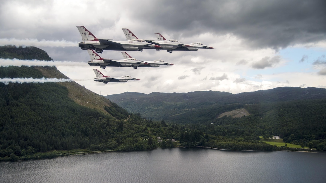 Members of the Thunderbirds, the Air Force’s air demonstration squadron, fly over Loch Ness in Scotland, July 10, 2017. The squadron flew over several bases and landmarks while preparing for the 2017 Royal International Air Tattoo in England. Air Force photo by Tech. Sgt. Christopher Boitz