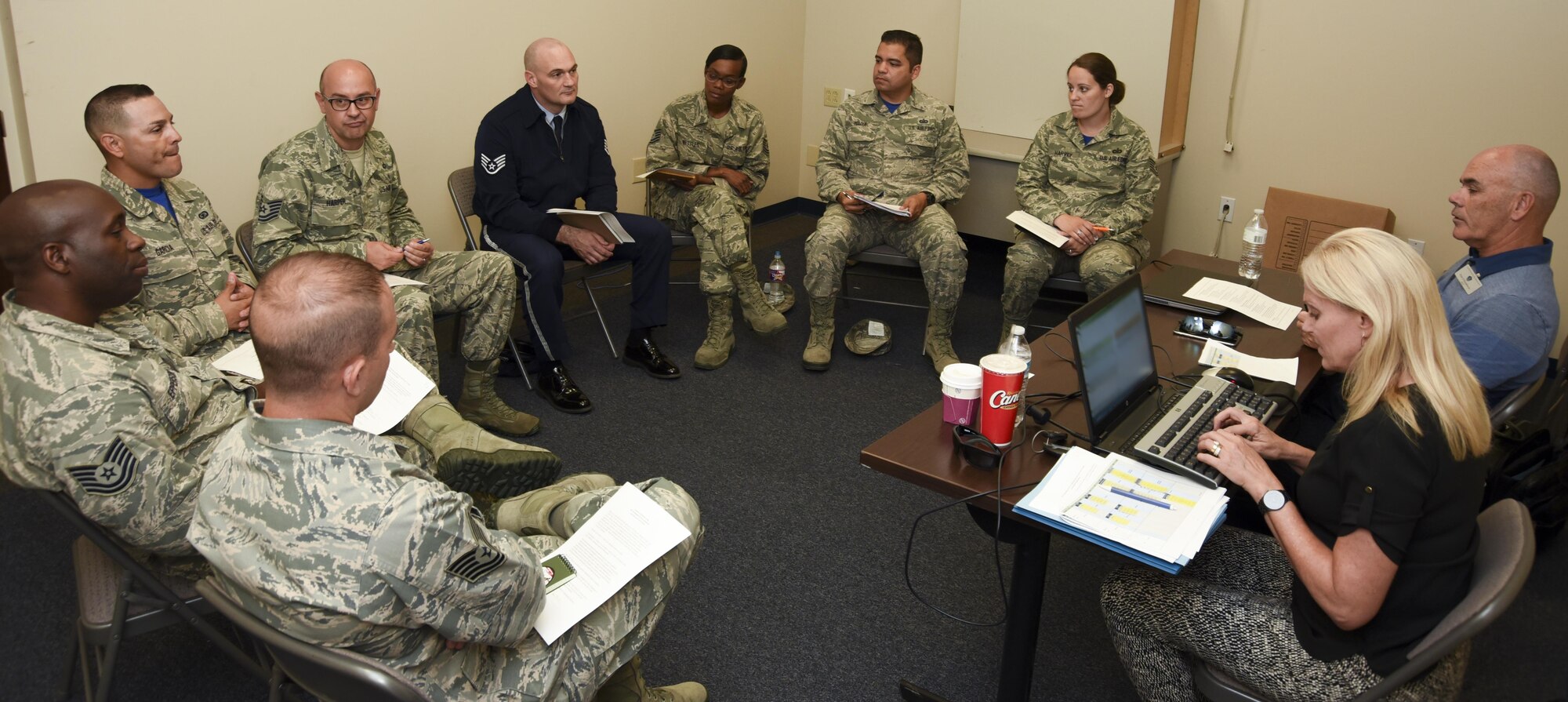 NAVAL AIR STATION FORT WORTH JOINT RESERVE BASE, Texas - Air Force reservists and guardsmen discuss ways to revitalize squadrons with Air Force Chief of Staff's field visit team July 9, 2017, at Naval Air Station Fort Worth Joint Reserve Base, Texas. A 30-person team appointed by Gen. David Goldfein, the Air Force Chief of Staff, traveled to the 301st Fighter Wing to discuss the CSAF’s Focus Area – Revitalizing the Squadron. More than 200 Reservists, DoD civilians and key spouses provided their feedback during the group sessions. (U.S. Air Force photo by Ms. Julie Briden-Garcia)