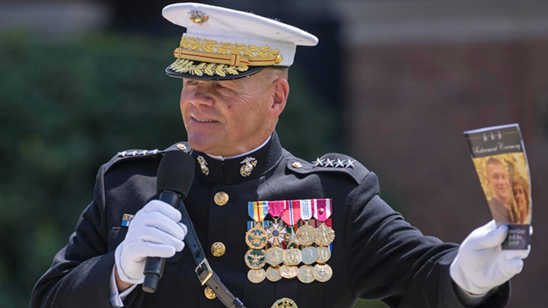 Commandant of the Marine Corps Gen. Robert B. Neller gives remarks during the retirement ceremony of U.S. Marine Corps Lt. Gen. Jon M. Davis, deputy commandant, Aviation, at Marine Barracks Washington, Washington,D.C., July 10, 2017. Davis retired after 37 years of service. 