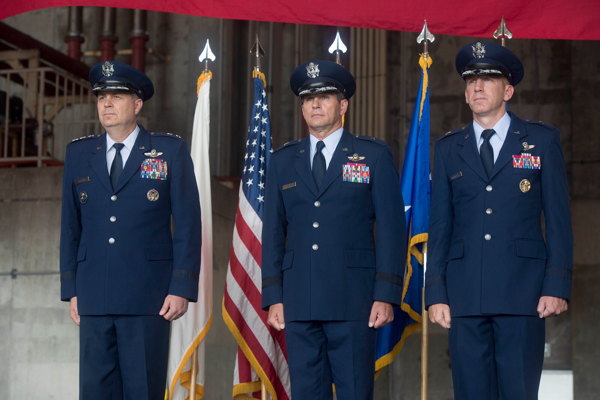 U.S. Air Force Lt. Gen. Jerry P. Martinez, U.S. Forces Japan and 5th Air Force commander, presides over the 18th Wing change of command from Brig. Gen. Barry Cornish to Brig. Gen. Case Cunningham July 10, 2017 at Kadena Air Base, Japan. The change of command is a traditional military ceremony in which the command is transferred to the incoming commander. (U.S. Air Force photo by Senior Airman John Linzmeier)