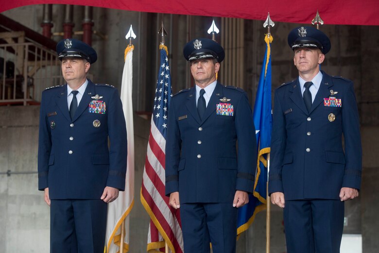 U.S. Air Force Lt. Gen. Jerry P. Martinez, U.S. Forces Japan and 5th Air Force commander, presides over the 18th Wing change of command from Brig. Gen. Barry Cornish to Brig. Gen. Case Cunningham July 10, 2017 at Kadena Air Base, Japan. The change of command is a traditional military ceremony in which the command is transferred to the incoming commander. (U.S. Air Force photo by Senior Airman John Linzmeier)