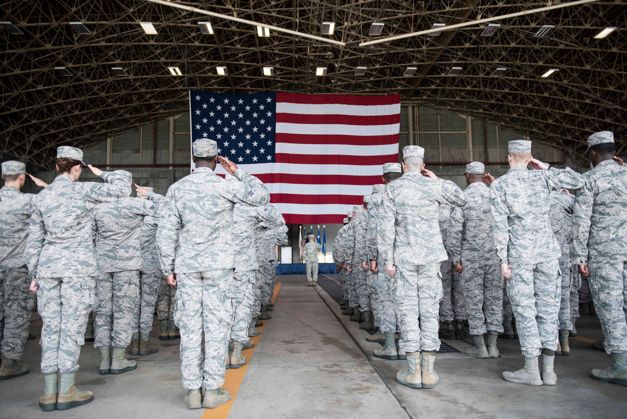 U.S. Airmen from the 18th Wing render their first salute to Brig. Gen. Case Cunningham during the 18th Wing change of command July 10, 2017 at Kadena Air Base, Japan. Cunningham assumed command of the U.S. Air Force’s largest combat wing from Brig. Gen. Barry Cornish. (U.S. Air Force photo by Senior Airman Omari Bernard)