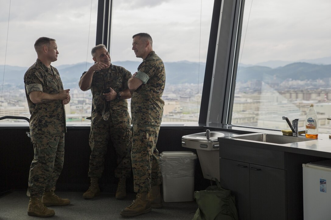 U.S. Marine Corps Sgt. Maj. Anthony Spadaro, the command senior enlisted leader of U.S. Pacific Command (PACOM), speaks with senior enlisted leaders from Marine Corps Air Station (MCAS) Iwakuni, Japan, during a visit at the air station, July 10, 2017. Spadaro provides the PACOM commander with the enlisted perspective on theater security cooperation, encouraging peaceful development, responding to contingencies and deterring aggression throughout the Indo-Asia-Pacific region. (U.S. Marine Corps photo by Lance Cpl. Carlos Jimenez)