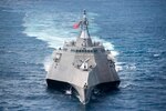 170603-N-PD309-113 GULF OF THAILAND (June 3, 2017) Littoral combat ship USS Coronado (LCS 4) steams ahead during a division tactics exercise in support of Cooperation Afloat Readiness and Training (CARAT) Thailand. CARAT is a series of Pacific Command-sponsored, U.S Pacific Fleet-led bilateral exercises held annually in South and Southeast Asia to strengthen relationships and enhance force readiness. CARAT exercise events cover a broad range of naval skill areas and disciplines including surface, undersea, air, and amphibious warfare; maritime security operations; riverine, jungle, and explosive ordnance disposal operations; combat construction; diving and salvage; search and rescue; maritime patrol and reconnaissance aviation; maritime domain awareness; military law, public affairs and military medicine; and humanitarian assistance and disaster response. (U.S. Navy photo by Mass Communication Specialist 3rd Class Deven Leigh Ellis/Released)