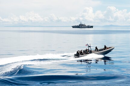 170623-N-PD309-184 BOHOL SEA (June 23, 2017) Members of the visit, board, search and seizure (VBSS) team aboard littoral combat ship USS Coronado (LCS 4) prepare to board Philippine Navy ship BRP BATAK (LC 299) during a VBSS exercise for Maritime Training Activity (MTA) Sama Sama 2017. MTA Sama Sama is a bilateral maritime exercise between U.S. and Philippine naval forces and is designed to strengthen cooperation and interoperability between the nations' armed forces.  (U.S. Navy photo by Mass Communication Specialist 3rd Class Deven Leigh Ellis/Released)