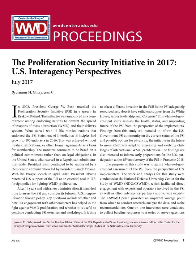 The Proliferation Security Initiative in 2017:
U.S. Interagency Perspectives