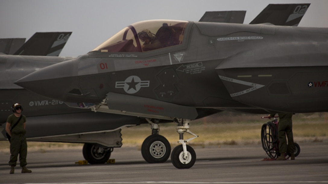 A pilot with Marine Fighter Attack Squadron 211 “Wake Island Avengers,” 3rd Marine Aircraft Wing, conducts the preflight inspection of an F-35B Lightning II on the first day of Red Flag 17-3 at Nellis Air Force Base, Nev., July 10. Red Flag 17-3 is a realistic combat training exercise involving the U.S. Air Force, Army, Navy and Marine Corps and this iteration is the first to have both the Air Force’s F-35A Lightning II and the Marine Corps’ F-35B Lightning II, which is capable of short takeoff vertical landing.