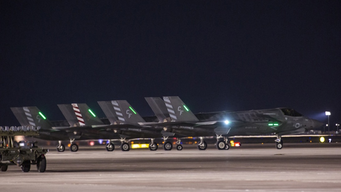 Four F-35B Lightning IIs with Marine Fighter Attack Squadron 211 “Wake Island Avengers,” 3rd Marine Aircraft Wing, wait to take off on the first day of Red Flag 17-3 at Nellis Air Force Base, Nev., July 10. Red Flag 17-3 is a realistic combat training exercise involving the U.S. Air Force, Army, Navy and Marine Corps and this iteration is the first to have both the Air Force’s F-35A Lightning II and the Marine Corps’ F-35B Lightning II, which is capable of short takeoff vertical landing.