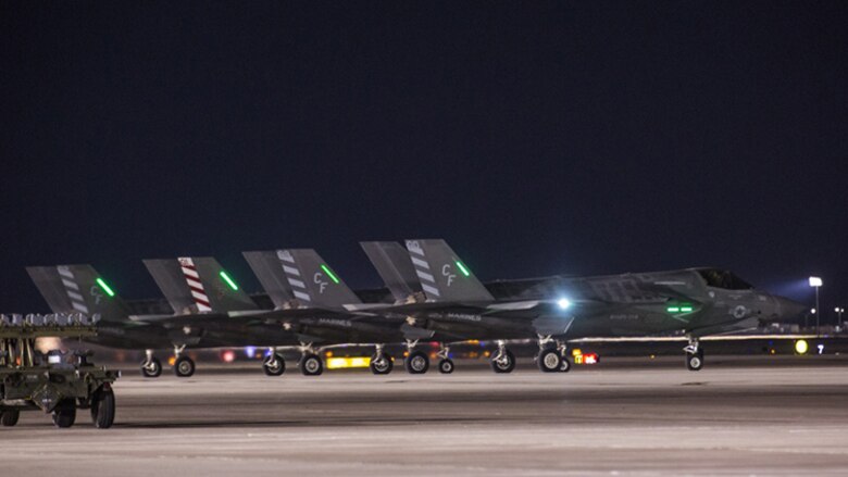 Four F-35B Lightning IIs with Marine Fighter Attack Squadron 211 “Wake Island Avengers,” 3rd Marine Aircraft Wing, wait to take off on the first day of Red Flag 17-3 at Nellis Air Force Base, Nev., July 10. Red Flag 17-3 is a realistic combat training exercise involving the U.S. Air Force, Army, Navy and Marine Corps and this iteration is the first to have both the Air Force’s F-35A Lightning II and the Marine Corps’ F-35B Lightning II, which is capable of short takeoff vertical landing.