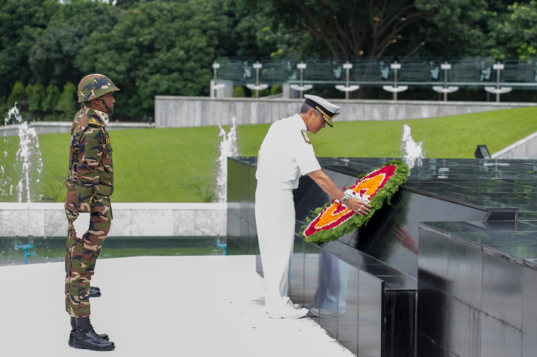 Navy Adm. Harry Harris, commander of U.S. Pacific Command, places a wreath at the Shikha Anirban, or eternal flame, in Dhaka, Bangladesh, July 8, 2017, to honor those who sacrificed their lives for Bangladesh’s liberation in 1971. Navy photo by Petty Officer 2nd Class Robin W. Peak