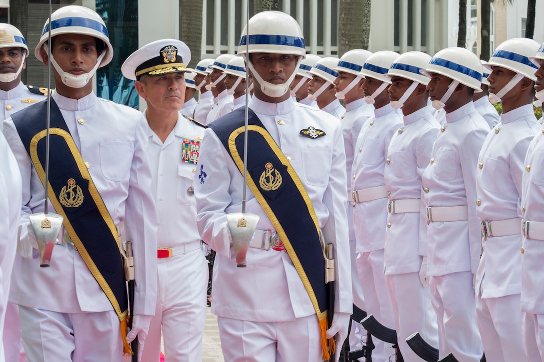 Navy Adm. Harry Harris, commander U.S. Pacific Command, participates in an honors ceremony at the Bangladeshi navy headquarters in Dhaka, Bangladesh, July 9, 2017. Navy photo by Petty Officer 2nd Class Robin W. Peak