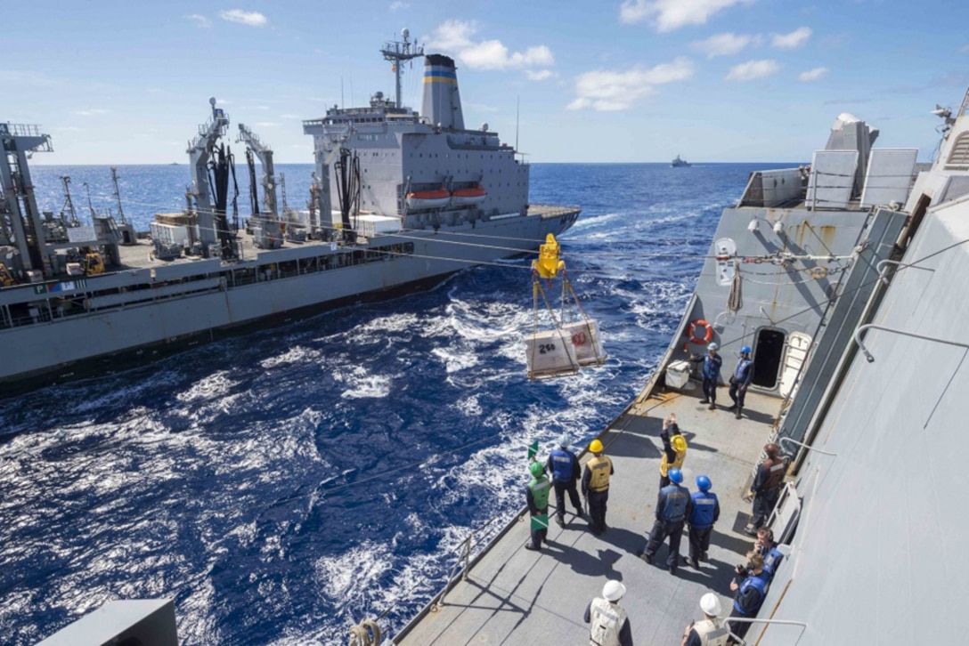 Sailors assigned to the amphibious transport dock USS Green Bay prepare to receive cargo from the military sealift command underway replenishment oiler USNS Rappahannock during a replenishment at sea as part of Talisman Saber 17 in the Coral Sea, July 6, 2017. Navy photo by Petty Officer 3rd Class Sarah Myers