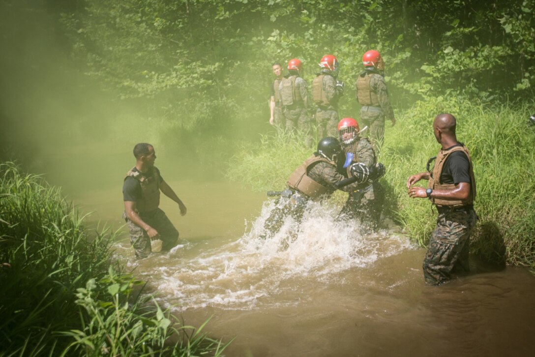 Marines train in all climes and places as demonstrated here where Marines preactice martial arts in a water environment.
