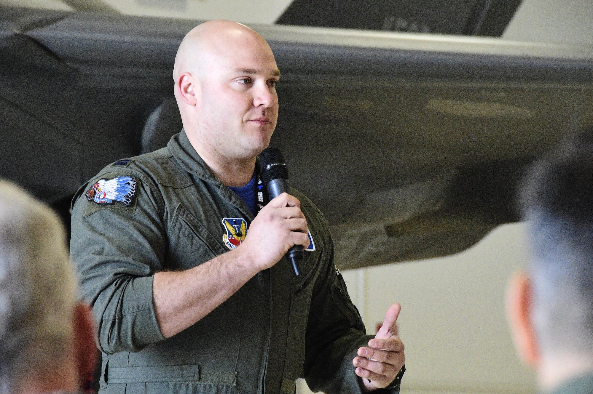Capt. "Deuce" briefs distinguished visitors about the capabilities of the F-35 joint strike fighter Friday (May 5) at Volk Field Combat Readiness Training Center. Volk Field is hosting Northern Lightning, an annual counterland training exercise that began May 1 and will end May 12. The exercise will involve aircraft and personnel from multiple active duty Air Force, National Guard and Navy. Northern Lightning is one of seven Air National Guard joint accredited exercises held at a Combat Readiness Training Center. The two-week long exercise will provide participating units a tactical level, joint training environment emphasizing user-defined objectives. Wisconsin Department of Military Affairs photo by Vaughn R. Larson