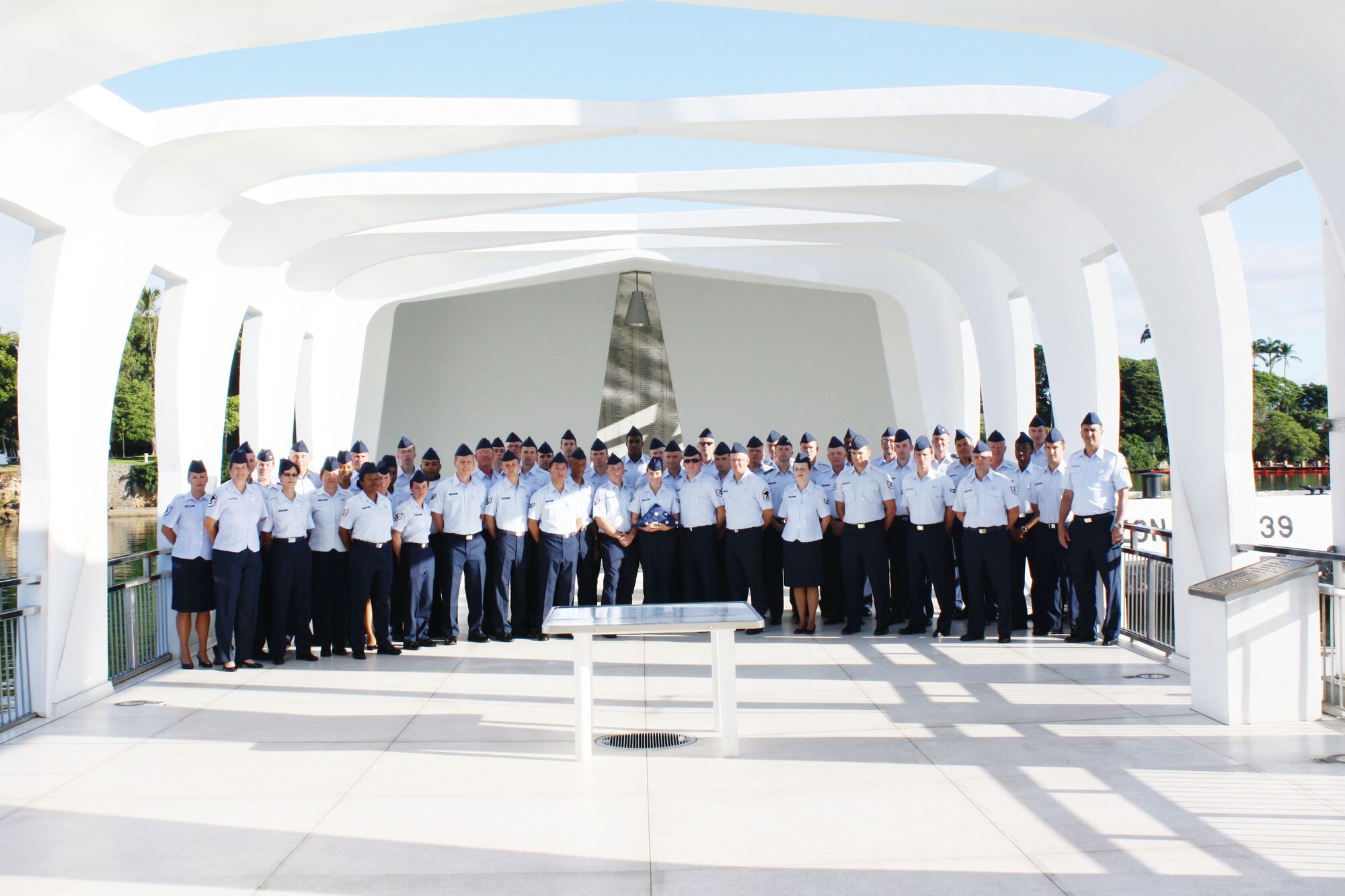 The Airmen of the 235th Air Traffic Control Squadron visit the USS Arizona while on their Annual Tour at the USS Arizona Memorial, Honolulu Hawaii, June 11th, 2017. Just prior to the trip the 235th ATC Squadron learned it was picked as the 2016 D. Ray Hardin Air Traffic Control Facility of the Year. 