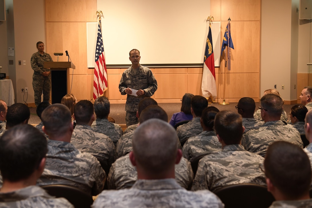 The 235th Air Traffic Control Squadron from the North Carolina Air National Guard receives a speech from their new commander, at the North Carolina Air National Guard Base, New London N.C. June 3, 2017. The 235th ATC is the 2016 D. Ray Hardin Air Traffic Control Facility of the Year. 