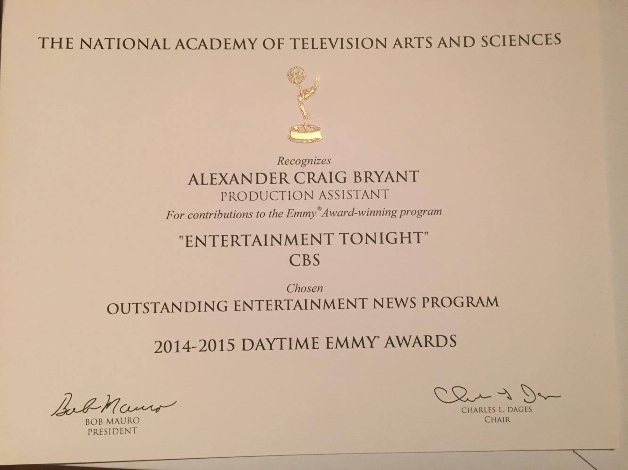 Alexander Bryant, social media strategist and graphic designer, was awarded a daytime Emmy certificate for when he was a production assistant for the Entertainment Tonight show in 2015. As a social media strategist and graphic designer, he creates print designs, digital designs and social media campaigns and provides social media correspondence at charities and red carpet events. (Courtesy photo)