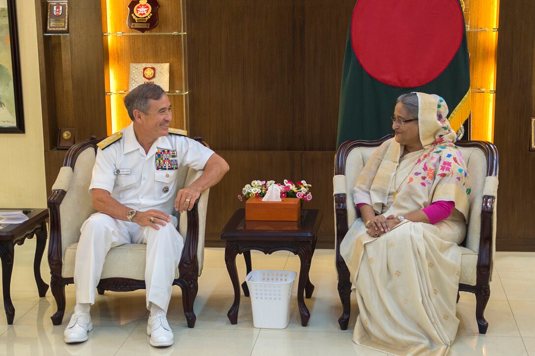 Navy Adm. Harry Harris, commander of U.S. Pacific Command, meets with Bangladeshi Prime Minister Sheikh Hasina in Dhaka, Bangladesh, July 9, 2017. Navy photo by Petty Officer 2nd Class Robin W. Peak