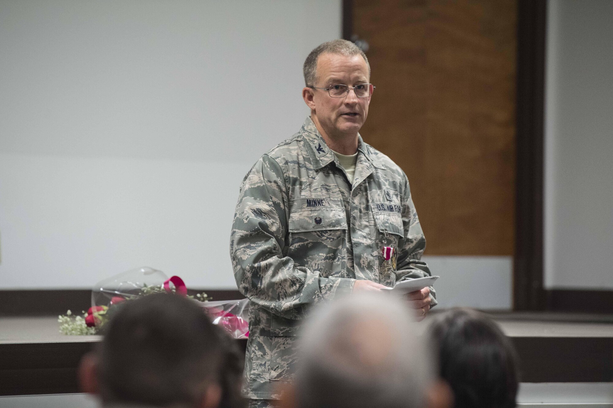 Col. Kurt Minne, 130th Airlift Wing Inspector General, bid farewell to his fellow Airmen and was celebrated for his long-serving career in the Air Force during a retirement ceremony held July 9, 2017 at McLaughlin Air National Guard Base, Charleston, W.Va. (U.S. Air National Guard photo by Tech. Sgt. De-Juan Haley)