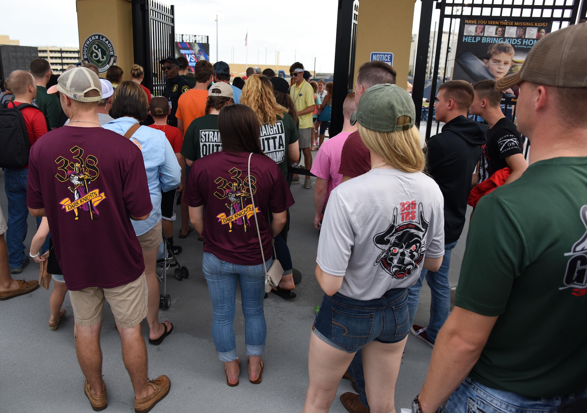 Airmen from the 81st Training Group attend the Biloxi Shuckers Minor League Baseball team’s military appreciation night July 8, 2017, in Biloxi, Miss. The Shuckers recognized and honored service members and their families for the dedication, commitment and sacrifices they make for the nation. (U.S. Air Force photo by Kemberly Groue)