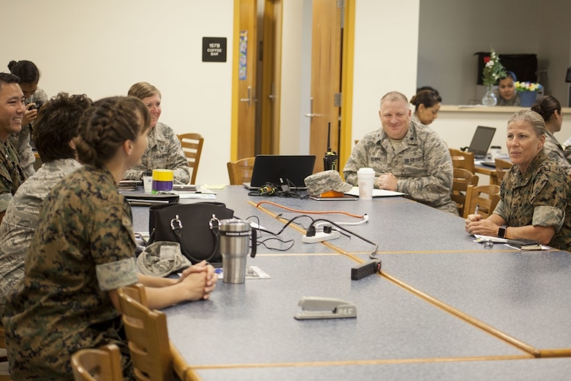Marine Corps Brig. Gen. Helen G. Pratt, the commander of 4th Marine Logistics Group, Marine Forces Reserve, speaks with leaders of the 2017 Louisiana Care Innovative Readiness Training project at East Saint John High School in Reserve, La., July 10, 2017. Marine Corps photo by Lance Cpl. Ricardo Davila
