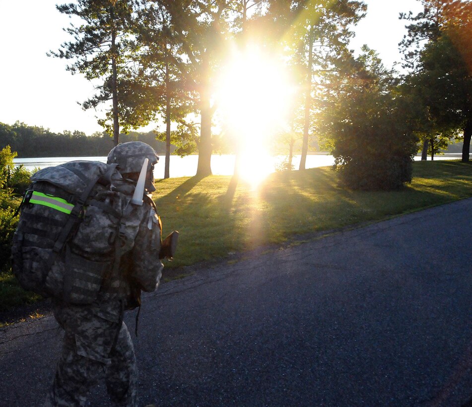 A Soldier attending the warrant officer candidate course at the 166th Regiment, Regional Training Institute at Fort Indiantown Gap, Pennsylvania, conducts a ruck march July 9 as part of their training.  Although they make up less than three percent of total Army strength, warrant officers have a great job responsibility that includes training Soldiers, organizing and advising on missions and advancing within their career specialties.