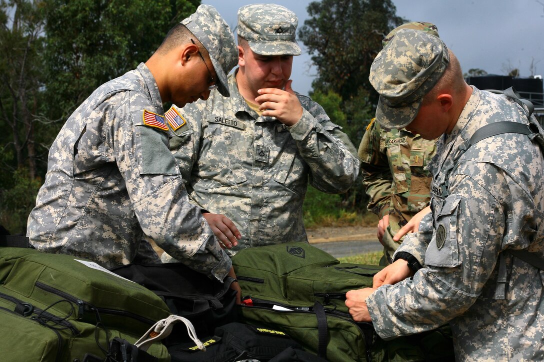 Soldiers inventory medical supplies while preparing for exercise Talisman Saber at the Shoalwater Bay training area in Queensland, Australia, July 10, 2017. The soldiers are assigned to the New York Army National Guard’s Headquarters and Headquarters Company, 1st Battalion, 69th Infantry Regiment. Army National Guard photo by Sgt. Alexander Rector
