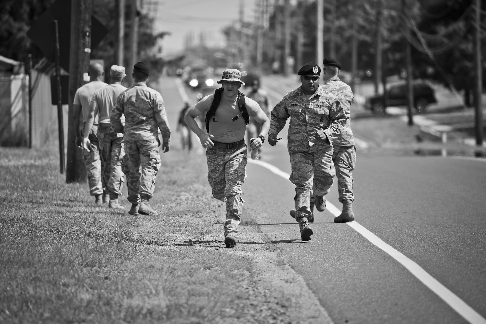 Air National Guard Airman 1st Class Travis Roemmele finishes the timed foot march portion of the German Armed Forces Badge for Military Proficiency test at Joint Base McGuire-Dix-Lakehurst, N.J., June 13, 2017. (U.S. Air National Guard photo by Master Sgt. Matt Hecht/Released)