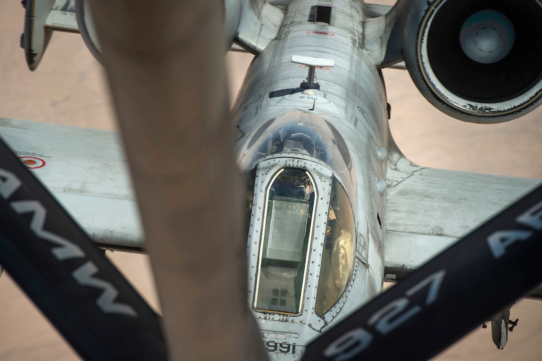 An Air Force A-10 Thunderbolt II receives fuel from a KC-135 Stratotanker during a flight supporting Operation Inherent Resolve in an undisclosed location, July 6, 2017. Air Force photo by Staff Sgt. Trevor T. McBride