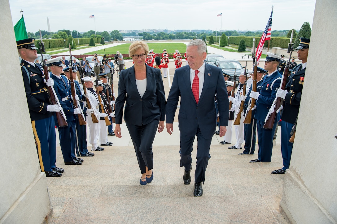 Defense Secretary Jim Mattis meets with Italian Defense Minister Roberta Pinotti at the Pentagon, July 11, 2017. DoD photo by Air Force Staff Sgt. Jette Carr