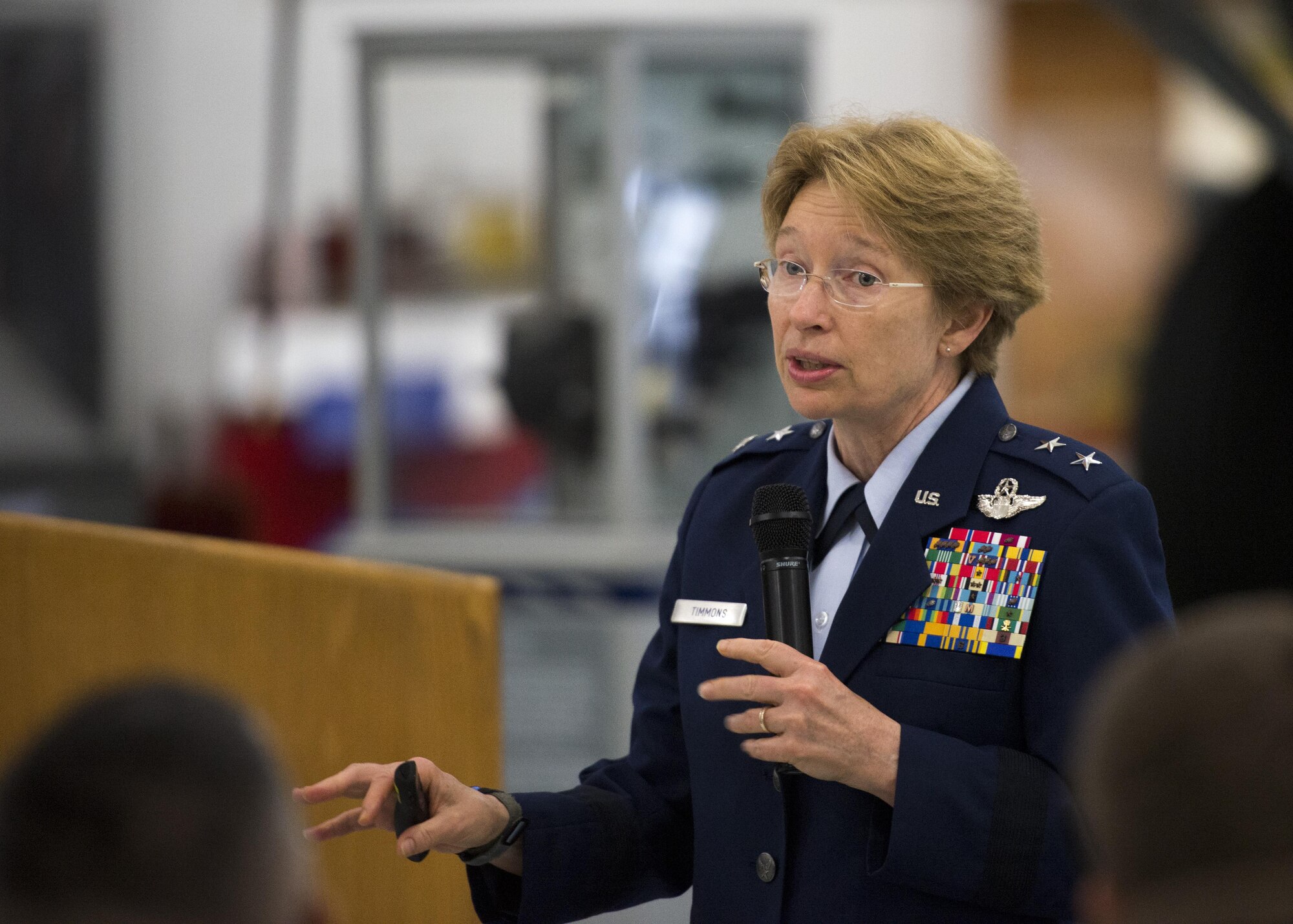 Maj. Gen. Carol Timmons, adjutant general of Delaware, gives a presentation on the Delaware Air National Guard and herself during a Hangar Talk June 6, 2017, at the Air Mobility Command on Dover Air Force Base, Del. As Adjutant General, she is responsible for the mission readiness of all Delaware National Guard units, to include more than 1,500 Soldiers and 1,100 Airmen, for both federal and state missions. (U.S. Air Force photo by Senior Airman Zachary Cacicia)