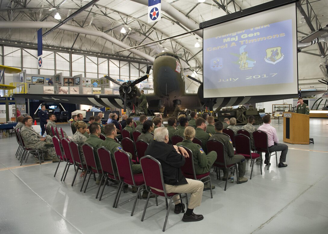 First Lt. Byron Gray, 3d Airlift Squadron pilot, emcees a Hangar Talk June 6, 2017, at the Air Mobility Command on Dover Air Force Base, Del. This was the inaugural Hangar Talk and was hosted by Col. Ethan Griffin, 436th Airlift Wing commander. (U.S. Air Force photo by Senior Airman Zachary Cacicia)
