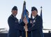 U.S. Air Force Col. John Klein (Left), 60th Air Mobility Wing commander, receives the guidon from Col. Christopher V. Maddox (Right), 60th Operations Group commander, during the 60th OG Change of Command ceremony at Travis Air Force Base, Calif., Jul 7, 2017. The 60th OG is responsible for daily air operations for the largest air mobility wing in the U.S. Air Force. With more than 1,000 personnel and $10 billion in assets, the group is tasked with operating 18 C-5M Super Galaxy, 13 C-17 Globemaster III, and 27 KC-10 Extender aircraft on worldwide mobility and air refueling missions. (U.S. Air Force photo by Heide Couch)