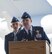 U.S. Air Force Col. Christopher V. Maddox, 60th Operations Group commander, gives a speech during the 60th OG Change of Command ceremony at Travis Air Force Base Calif., July 7, 2017. The ceremony is rooted in military history dating back to the 18th Century where the command flag is passed to the individual assuming command in the presence of the entire unit. (U.S. Air Force photo Heide Couch)