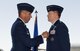 U.S. Air Force Col. John Klein, 60th Air Mobility Wing commander, pins a decoration on Col. Christopher V. Maddox, 60th Operations Group commander, during the 60th OG Change of Command Ceremony at Travis Air Force Base, Calif., Jul 7, 2017. The 60th Operations Group is responsible for daily air operations of the largest air mobility wing in the United States Air Force. With more than 1,000 personnel and $10 billion in assets, the group is tasked with operating 18 C-5M Super Galaxys, 13 C-17 Globemasters, and 27 KC-10 Extender aircraft on worldwide mobility and air refueling missions. In addition, the 60 OG manages all mission support activities, to include an operations support squadron providing air traffic control, weather, intelligence, flight management support, aircrew flight equipment, and KC-10 initial qualification and upgrade training. The ceremony rooted in military history dating back to the 18th Century where the command flag is passed to the individual assuming command in the presence of the entire unit. (U.S. Air Force photo by Heide Couch)